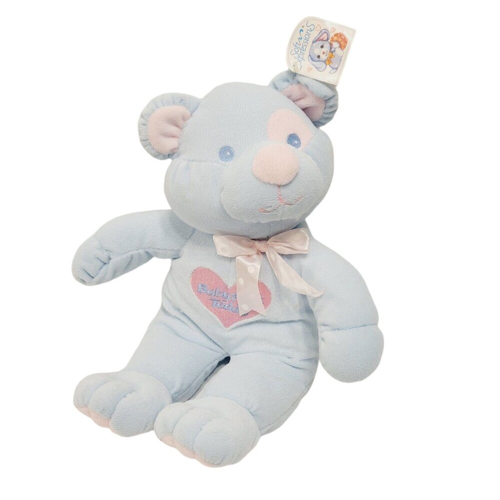 Soft Expressions Baby Blue Teddy Bear Plush With Heart Embroidery & Bow 12"